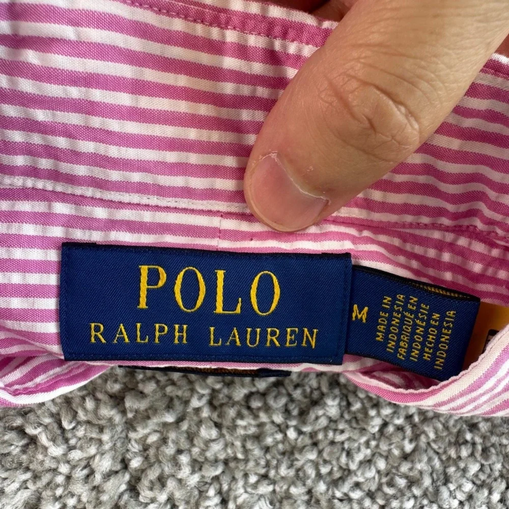 Polo Ralph Lauren Shirt Men Medium Pink Seersucker Stripe Untuck Fit Wrinkle NEW